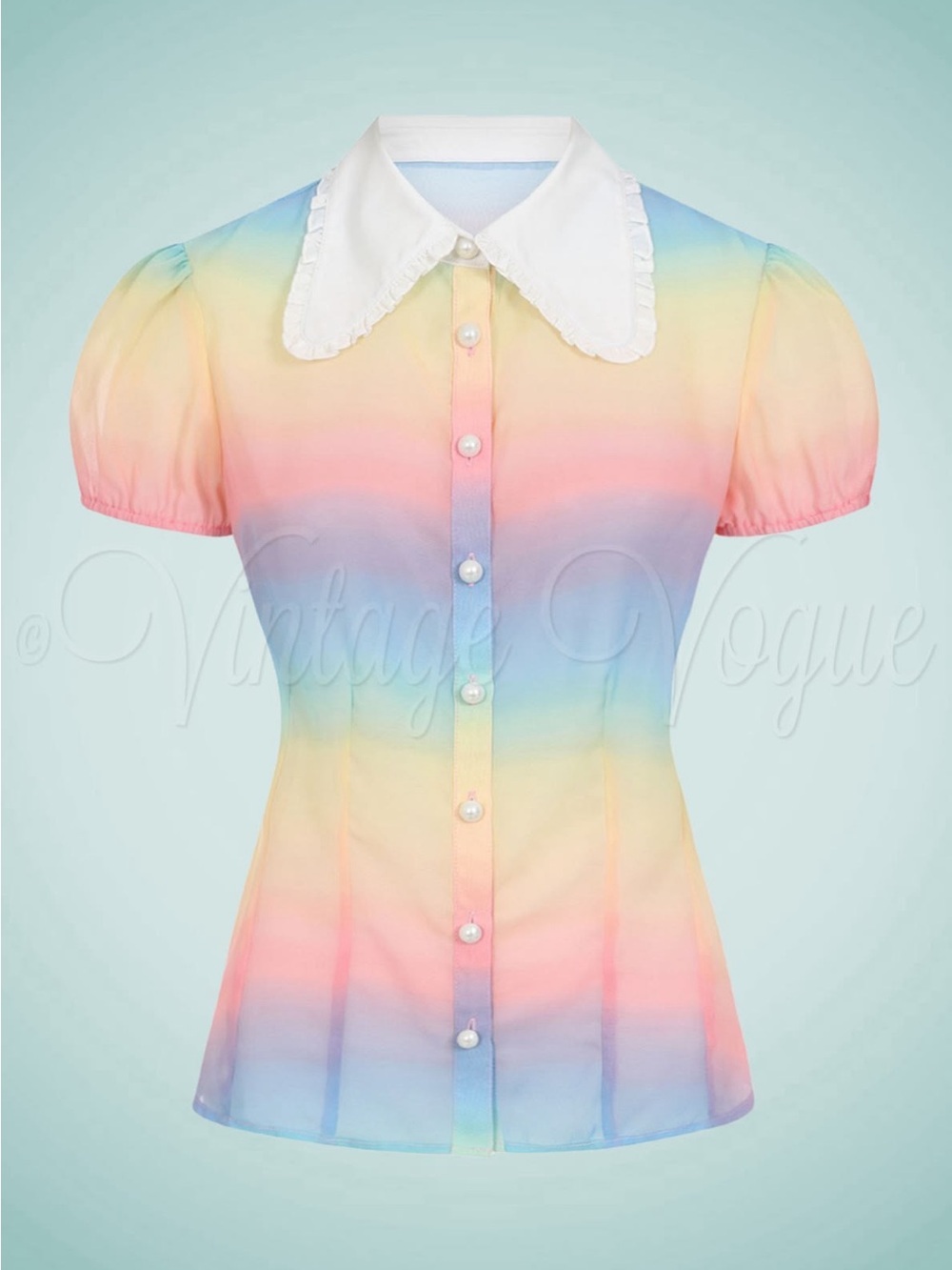 Hell Bunny Rainbow Tie-Dye Blouse with White Ruffled Collar - Picture 2 of 2